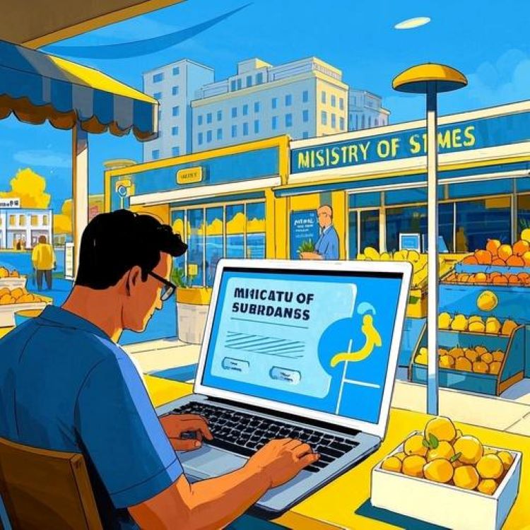 "소상공인이 가게 앞에서 노트북으로 지원금을 신청하는 장면. 신선한 시장 풍경, 밝은 색감(파랑, 노랑), 중소벤처기업부 로고와 지원금 이미지가 포함된 디지털 일러스트레이션. 활기차고 희망적인 분위기."