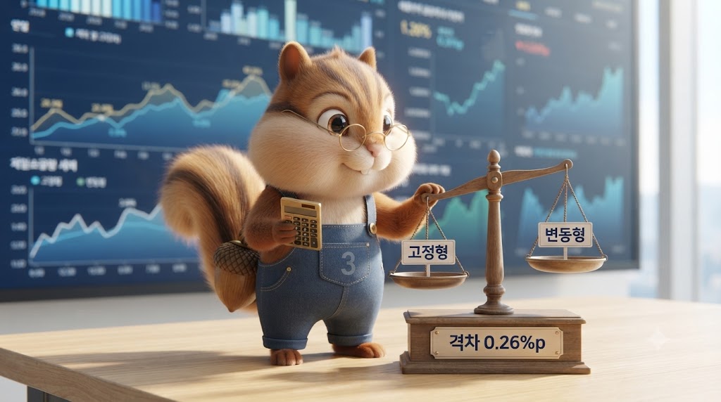 저울 위에 고정형과 변동형 팻말을 올려두고 관찰하는 다람쥐 캐릭터, 저울 받침대에 격차 0.26%p라는 문구가 쓰여 있는 일러스트