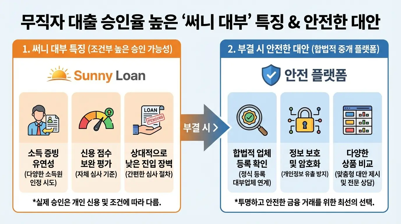 무직자 대출 승인율이 높은 써니 대부의 특징과 부결 시 안전한 대부 중개 플랫폼을 이용하는 대안을 보여주는 인포그래픽