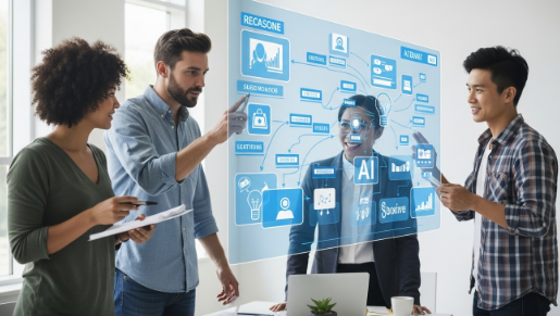 AI 도구를 활용하여 아이디어를 발상하고 콘텐츠를 기획하는 직장인들.