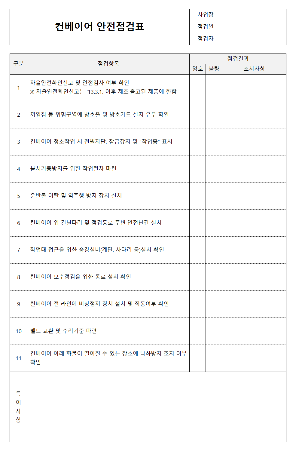 컨베이어 안전점검표