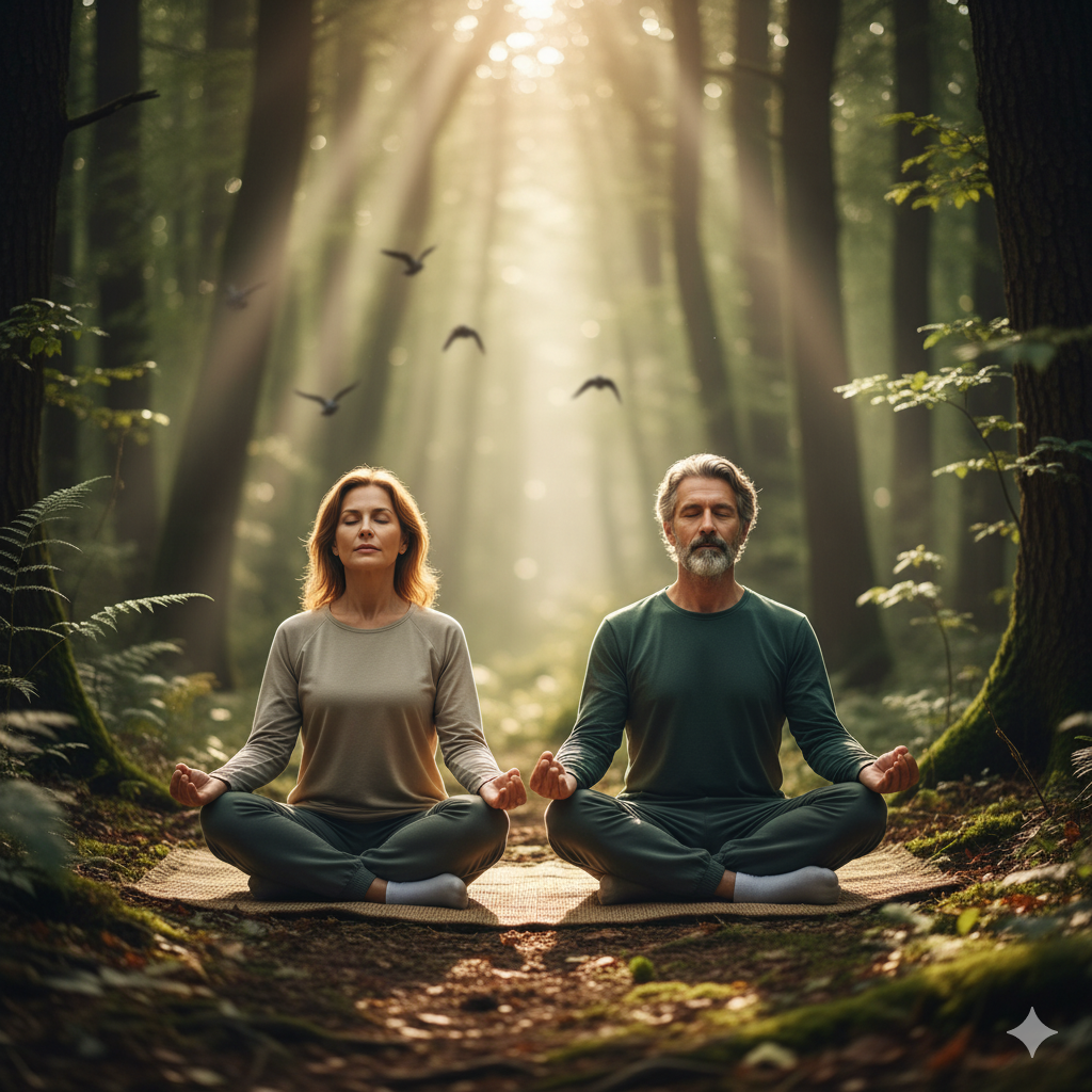푸른 숲속에서 아침 햇살을 받으며 명상하는 중년 남녀