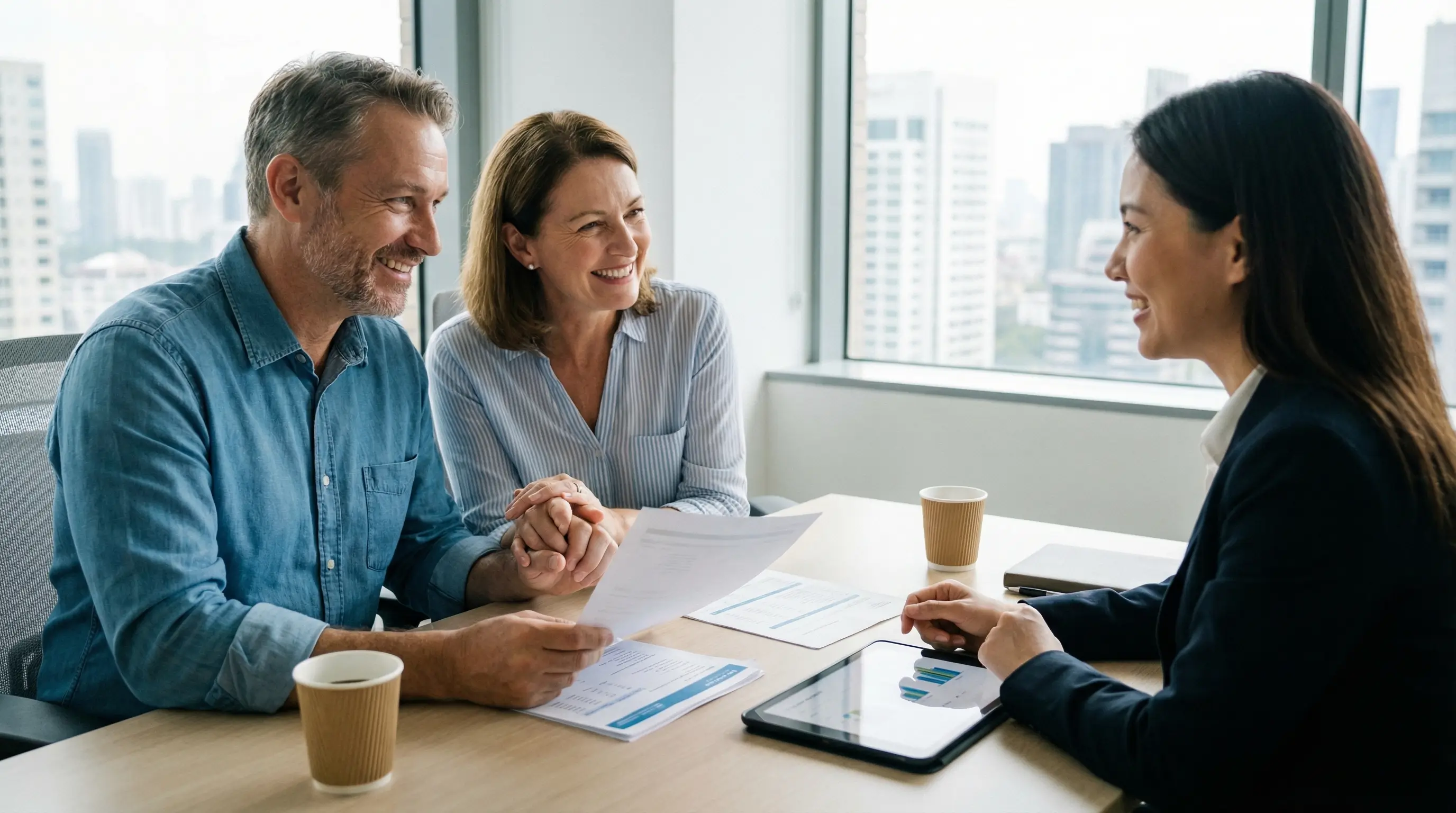 전문가와 상담하여 최적의 IRP 계좌를 개설하고 은퇴 자금을 점검하며 안심하는 모습