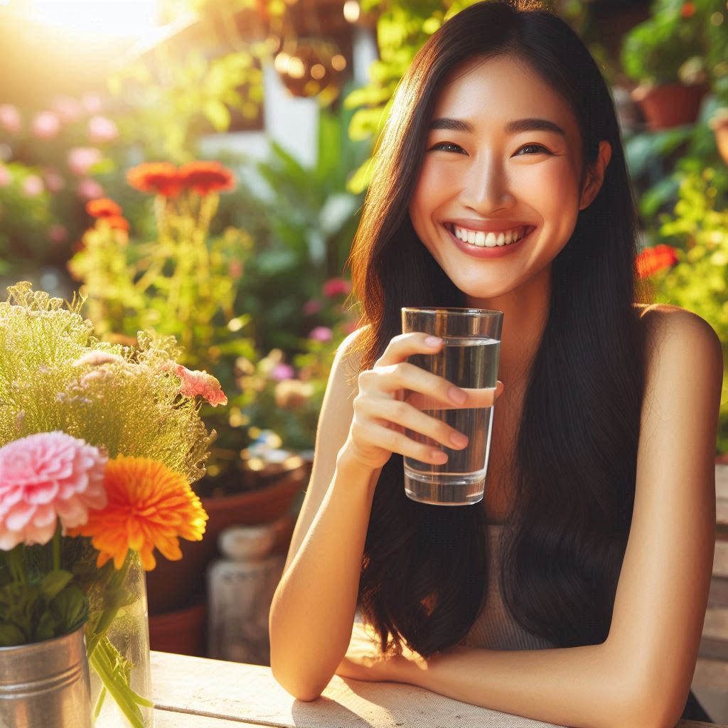 40대 노화 방지를 위해 수분섭취하는 여성