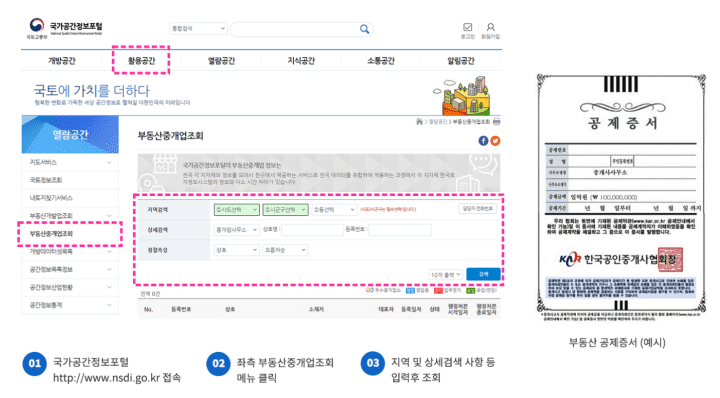 국가공간정보포털에서-중개업자의-등록여부를-점검할-수-있는-방법을-설명하는-그림(국가공간정보포털홈페이지화면)