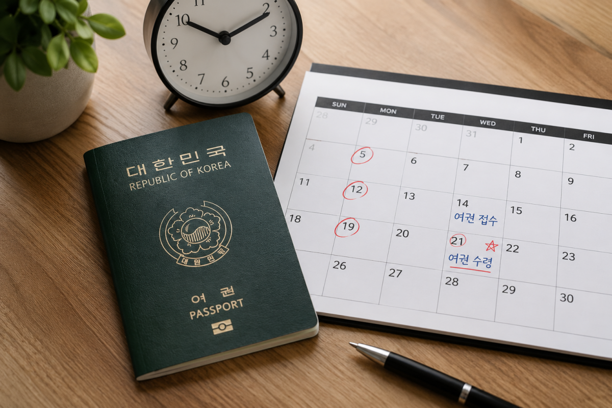 대한민국 여권과 달력으로 여권 발급 소요기간을 표현한 이미지
