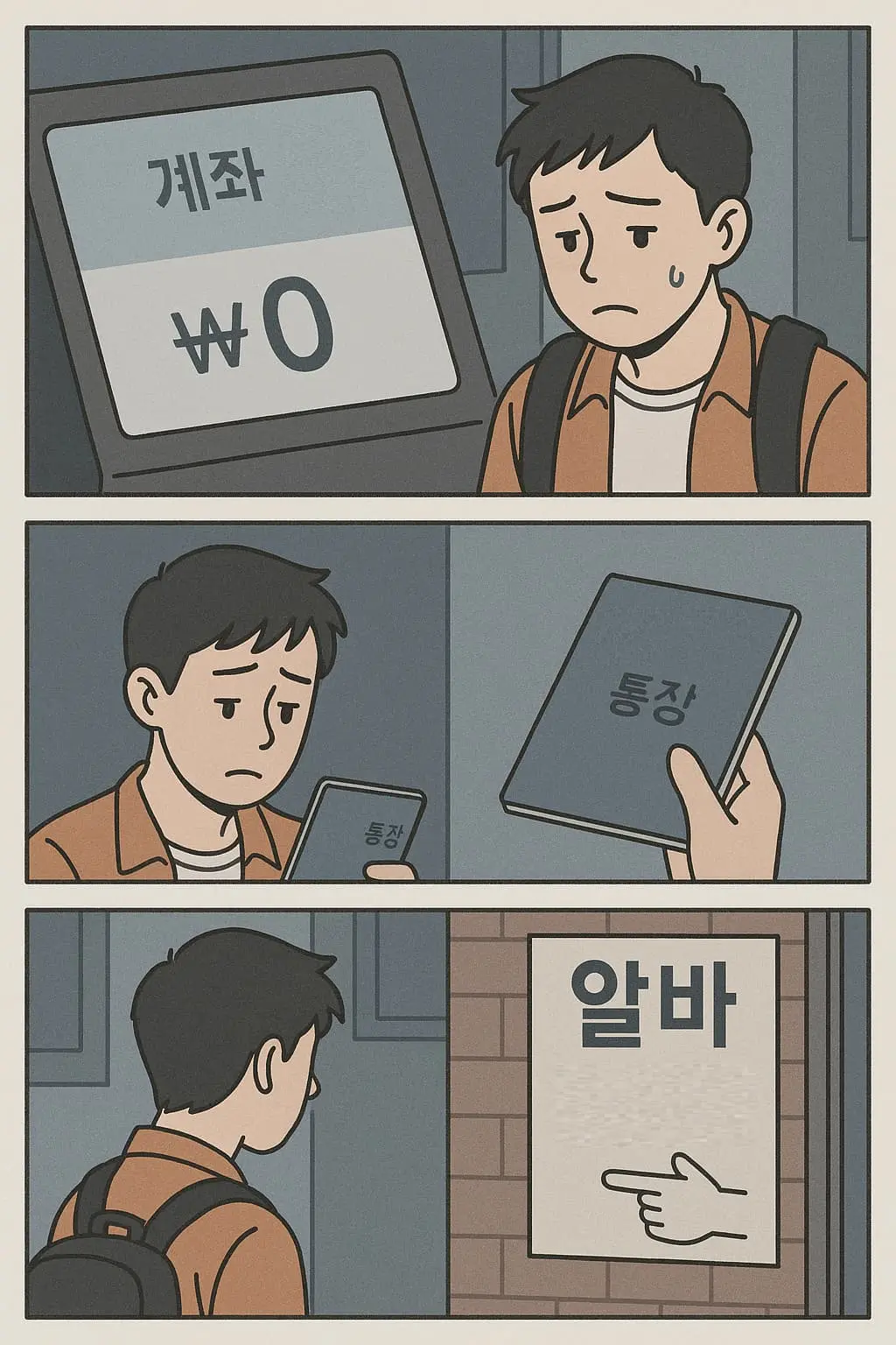 자산이 없는 청년이 통장 잔고 0원을 확인하며 불안해하는 장면