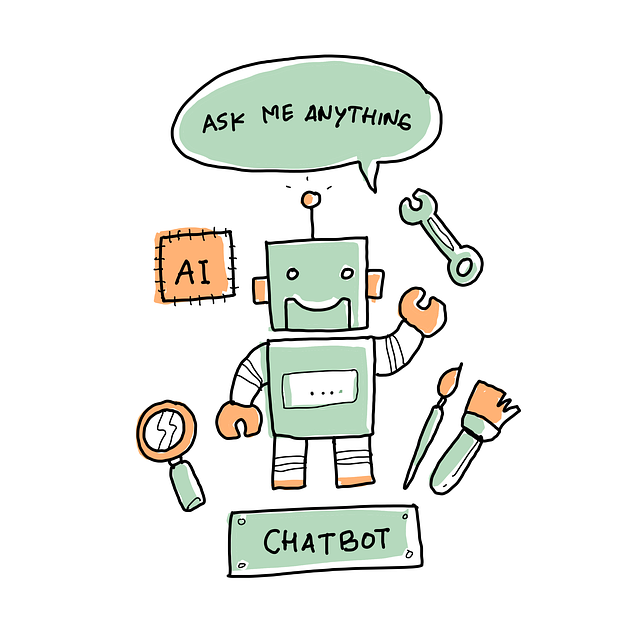 "ASK ME ANYTHING"이라는 말풍선을 단 귀여운 로봇 챗봇 일러스트. AI, 렌치, 붓, 돋보기 아이콘이 주변에 배치되어 있으며, 다양한 도구로서의 챗봇 역할을 상징함.