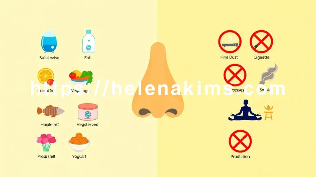 쾌적하게 숨 쉬는 코 실루엣을 중심으로, 한쪽에는 식염수 코 세척, 가습기, 건강한 식단(생선, 채소, 요거트) 아이콘, 요가하는 사람. 다른 한쪽에는 미세먼지, 담배 연기, 가공식품 아이콘에 '금지' 표시가 명확하게 표현한 그래픽 이미지.