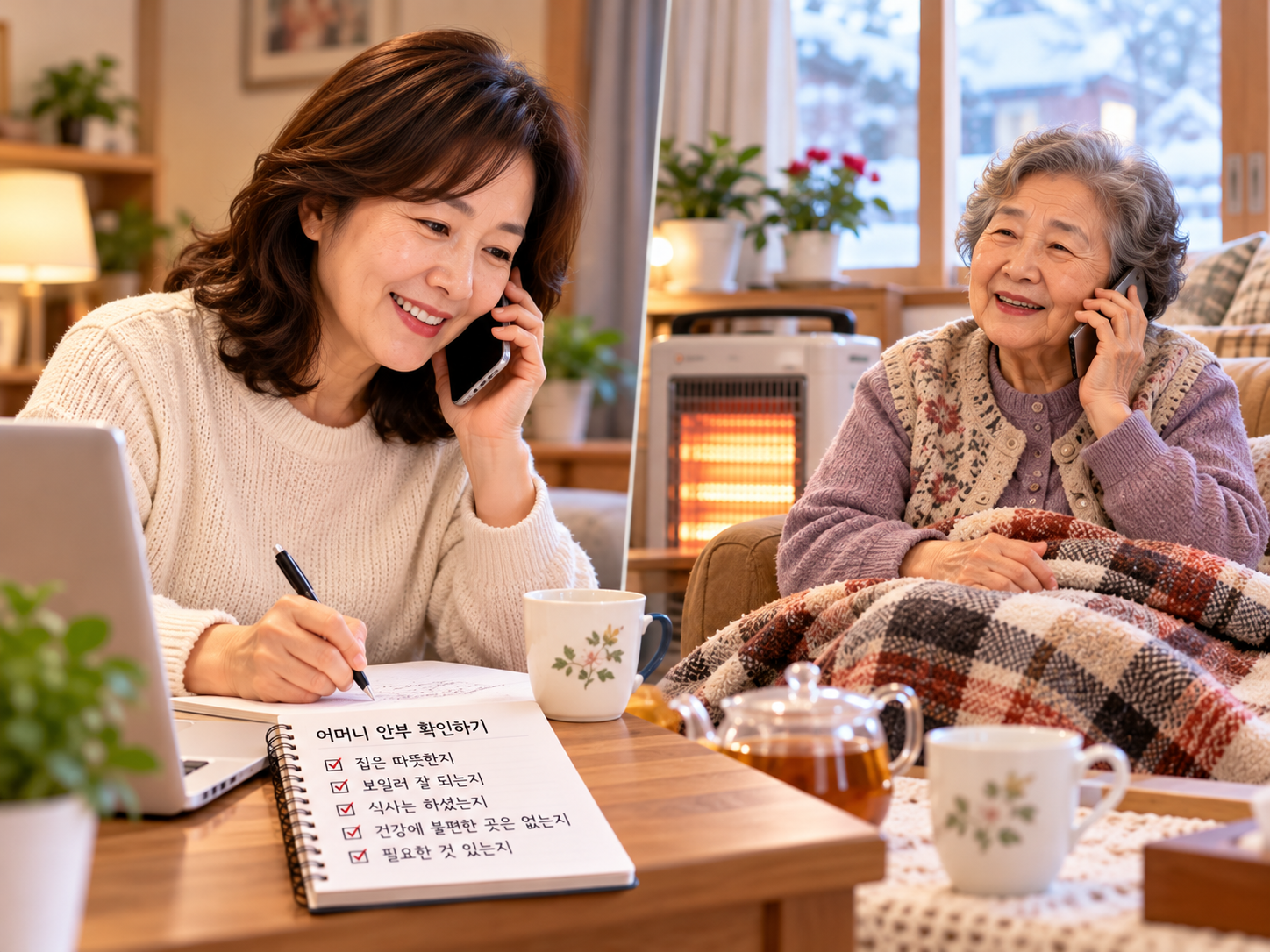 자녀가 겨울철 혼자 지내는 시어머니께 안부 전화를 드리며 건강 상태를 확인하는 따뜻한 장면