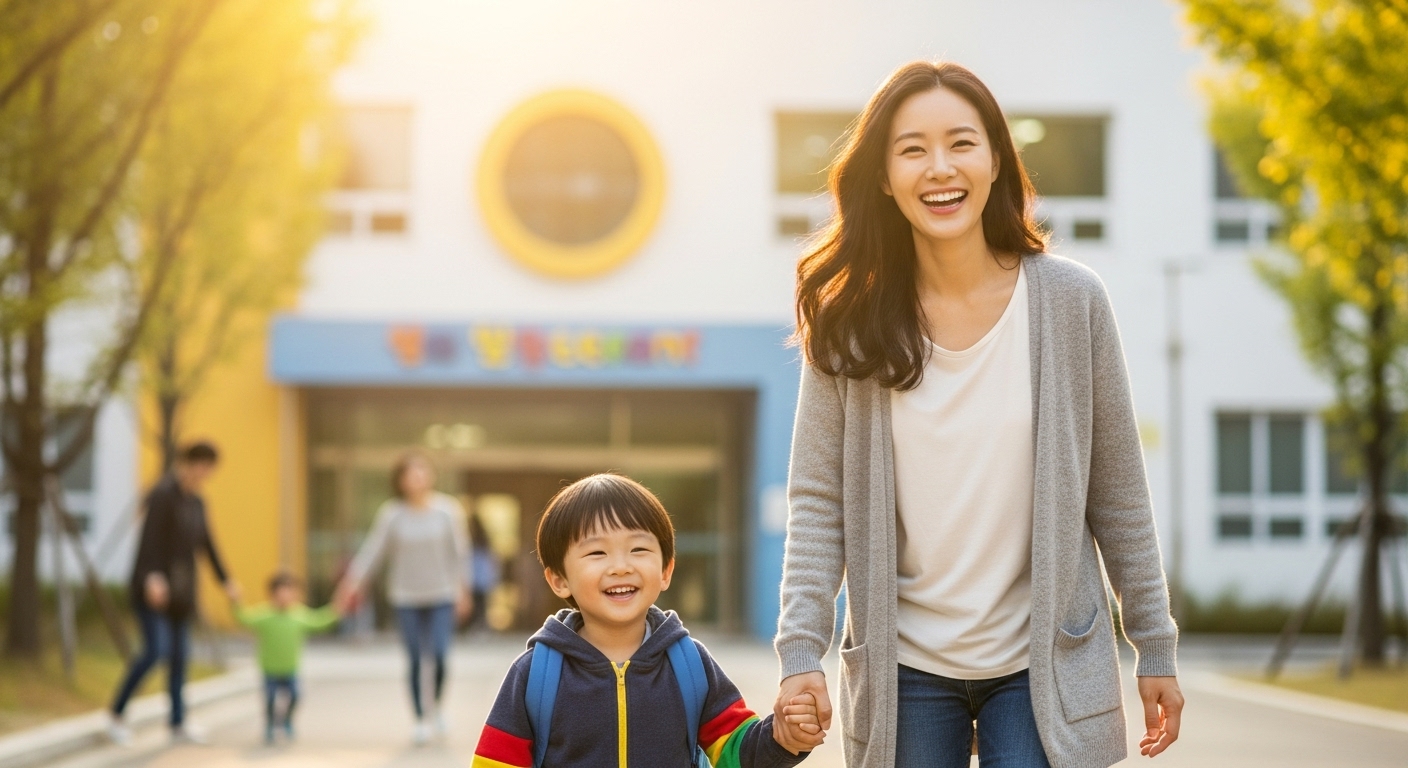엄마와 어린이집 첫 등원하는 모습