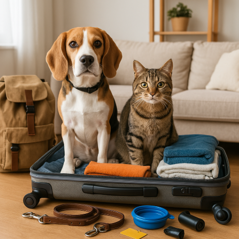 여행가방 위에 앉아 있는 반려동물