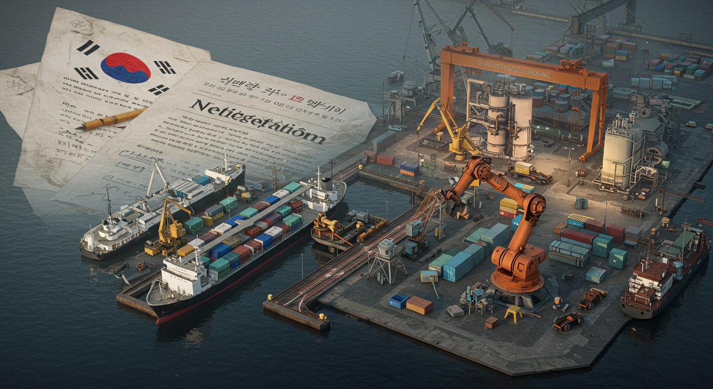 한미 관세 협상 문서 아래에 있는 조선소, 반도체 공장, 항만 등 다양한 한국 산업 현장의 모습