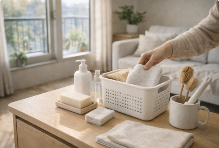봄 햇살이 들어오는 거실 테이블 위에 정리된 수건과 세정용품 바구니를 정돈하는 장면