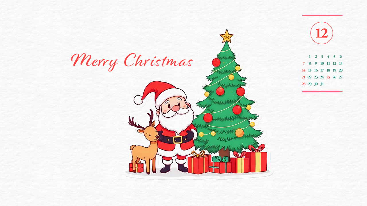 07 루돌프, 산타, 크리스마스트리 A - 2025년12월 달력배경화면