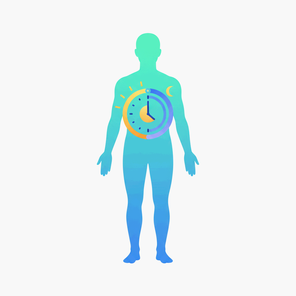 생체리듬이 만드는 하루의 균형, 인체 구조와 작동 원리를 상징적으로 표현한 미니멀 과학 일러스트레이션
