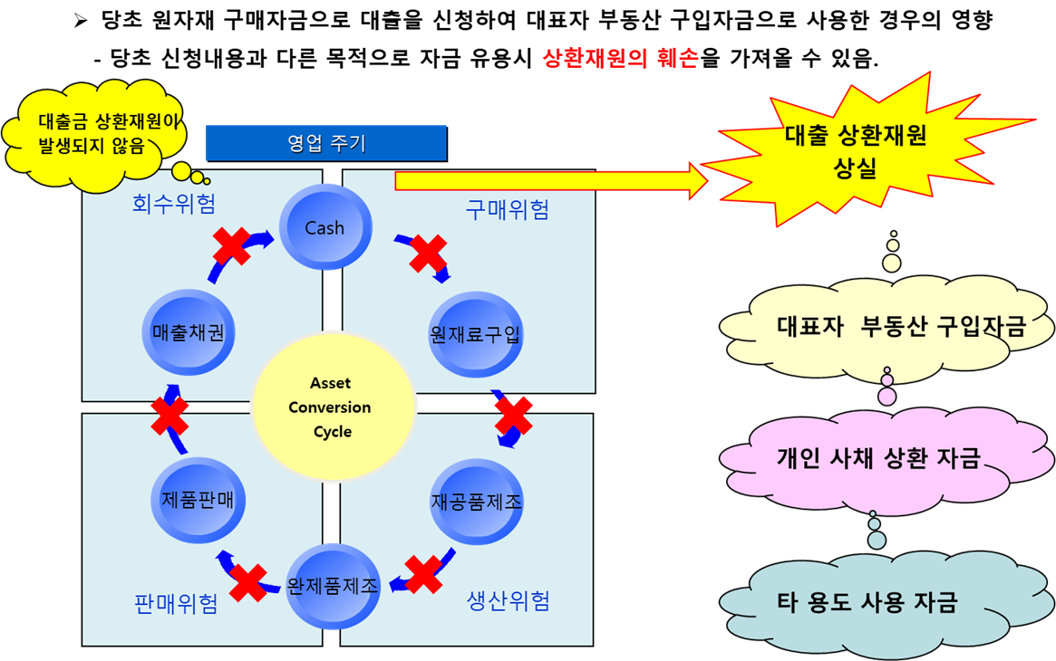 원자재구매자금 대출을 타용도로 사용했을 때 상환재원 상실 영향도 설명 자료