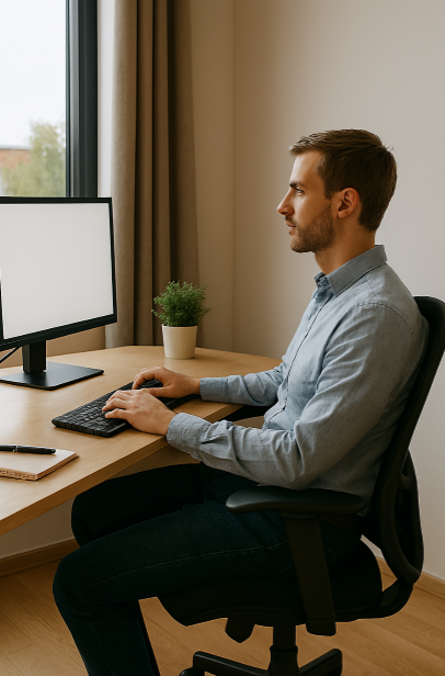 한 남성이 올바른 착석 자세로 컴퓨터 책상 앞에 앉아서 작업하고 있는 모습