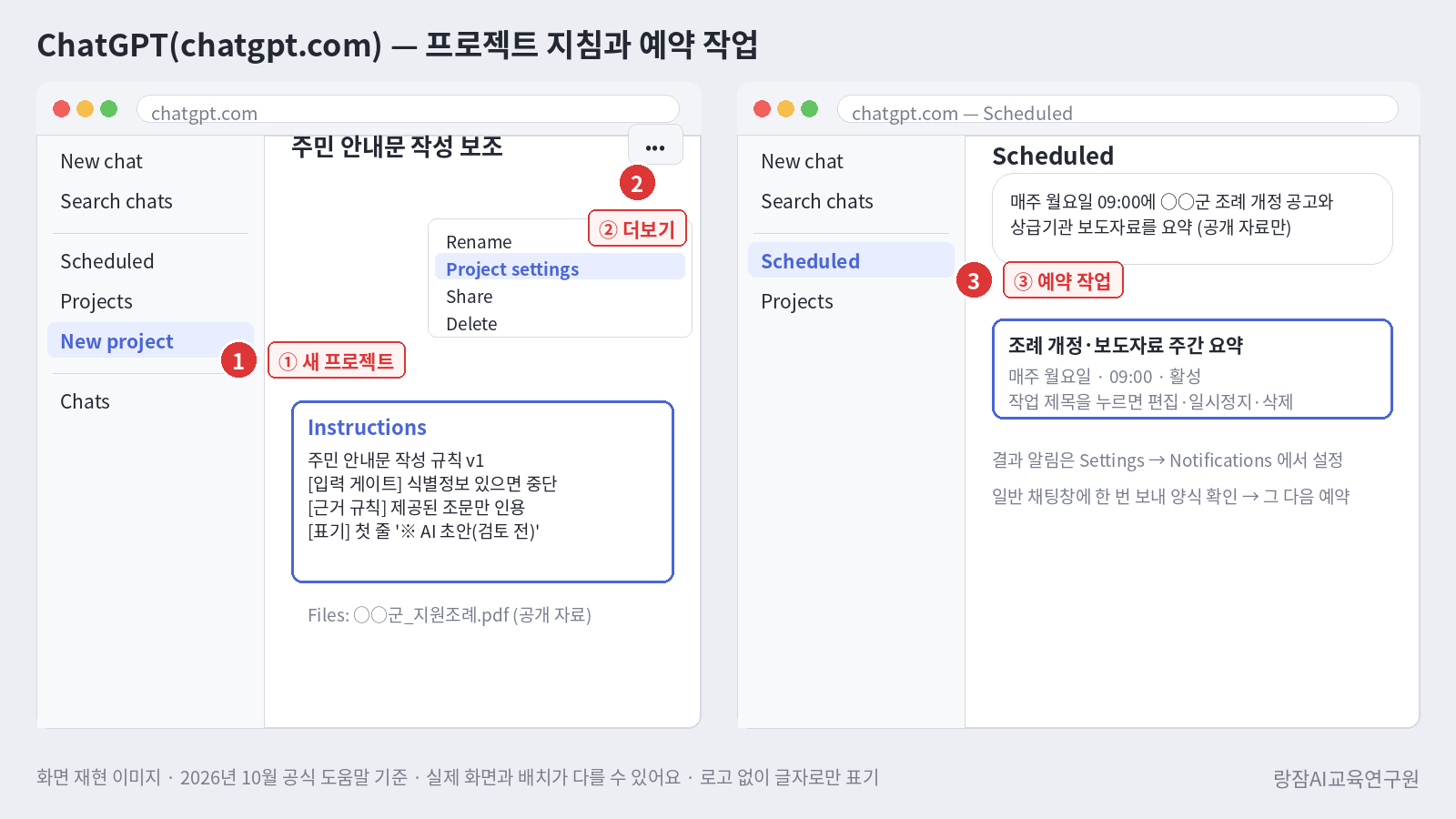 화면 재현 &mdash; chatgpt.com에서 프로젝트 지침 설정과 예약 작업: New project, 더보기 메뉴의 Project settings, 사이드바 Scheduled
