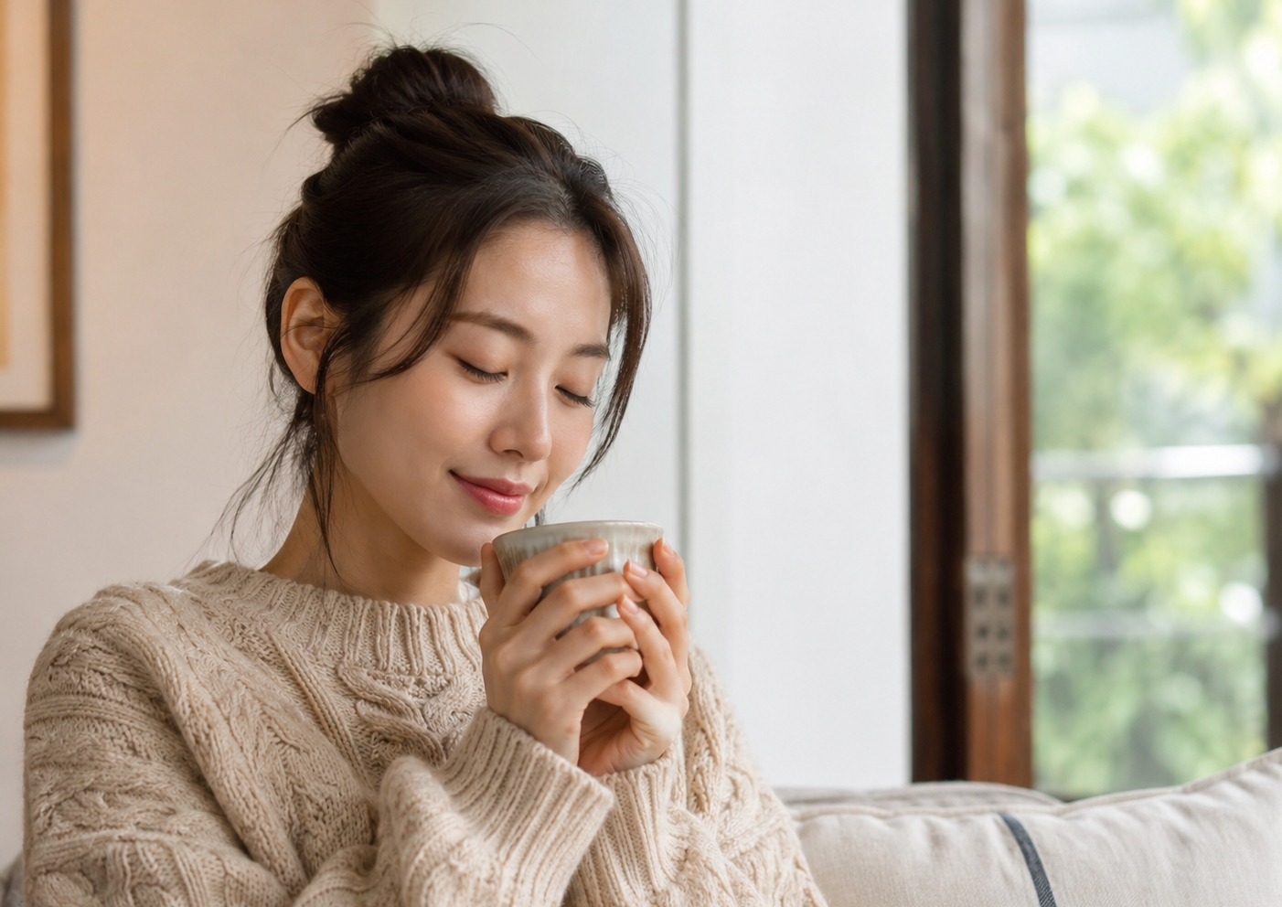 찻잔을 두 손으로 감싸 쥐고 여유를 즐기는 모습의 편안한 사진.