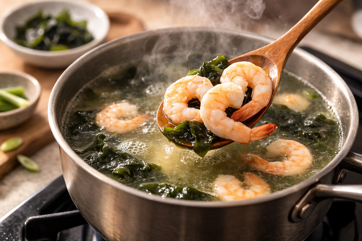 미역국을 끓인 뒤 마지막에 새우를 넣어 짧게 익히는 장면입니다.