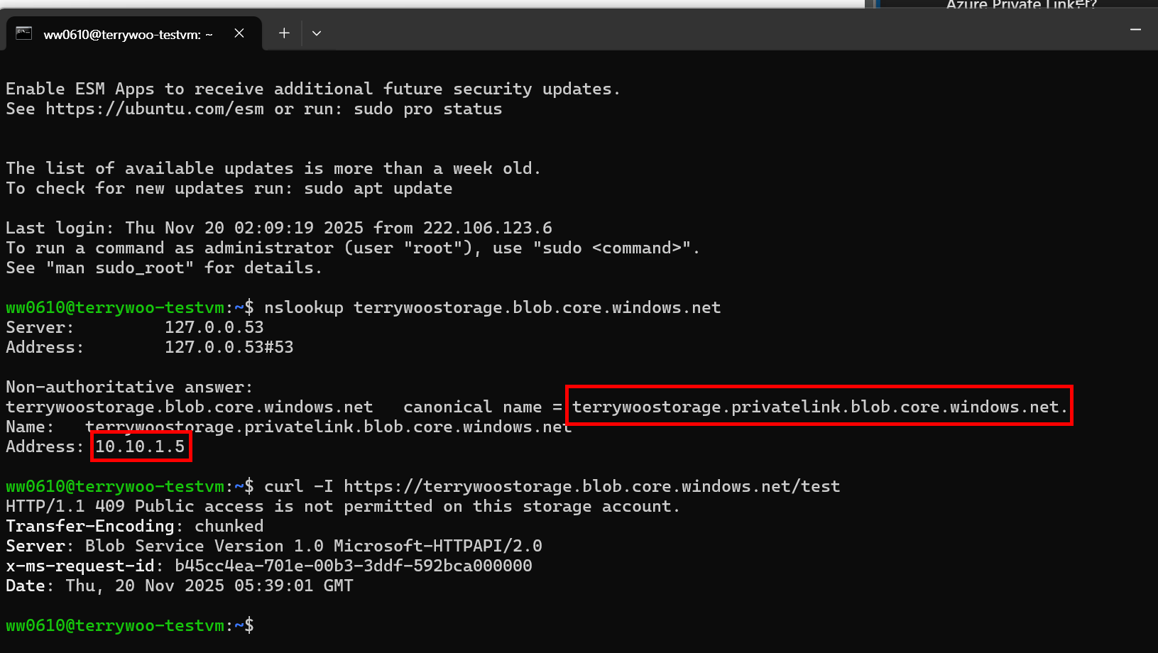 Azure Private Endpoint 구성 후 nslookup 결과가 Private IP로 해석되는 화면