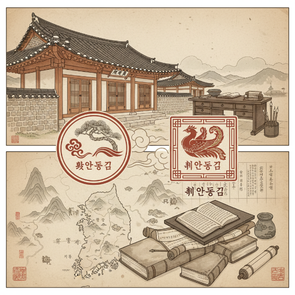 한국의 명문가 안동 김씨의 두 갈래를 상징하는 고풍스러운 문양과 전통 가옥, 옛 지도 등이 어우러진 역사적 이미지