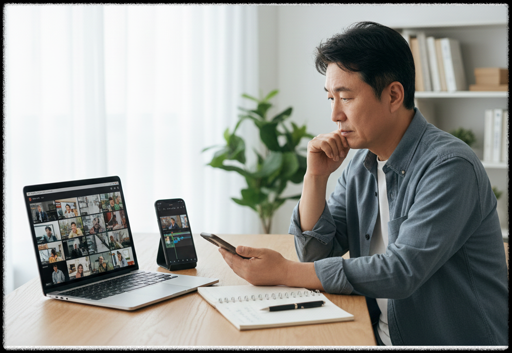 촬영 편집 결과물을 확인하며 부업 콘텐츠를 기획하는 남성의 모습
