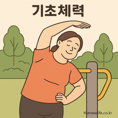공원 운동기구 앞에서 스트레칭하며 기초체력을 다지는 중년 여성의 모습 – 뱃살 빼는 운동을 위한 준비 단계