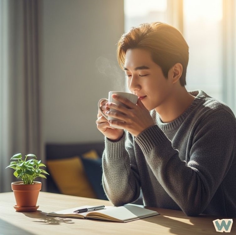 따뜻한 커피를 마시며 휴식을 취하는 젊은 남성 - 카페인 의존과 건강한 에너지 관리 방법 via canva