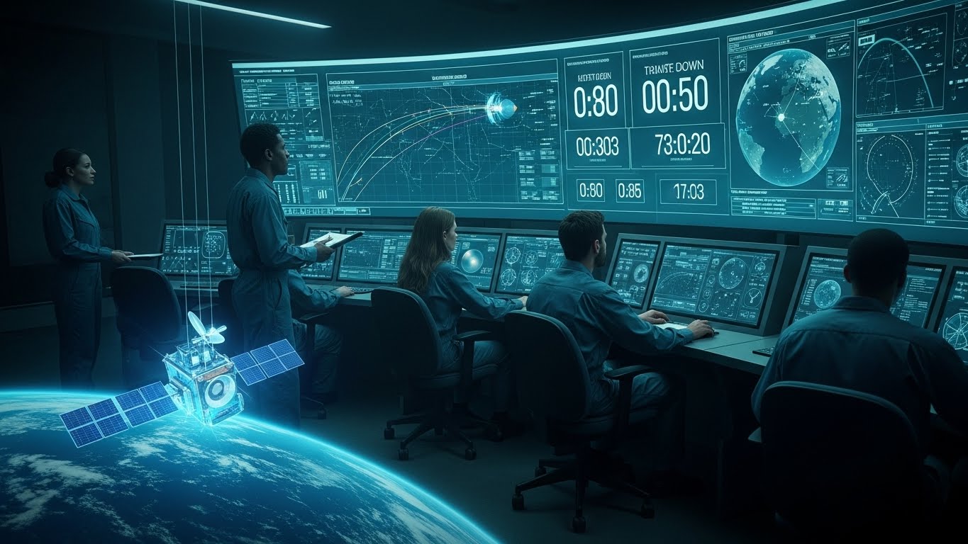 최첨단 우주 관제실에서 여러 엔지니어들이 한빛-나노 로켓 발사 데이터를 실시간으로 모니터링하며 집중하는 모습