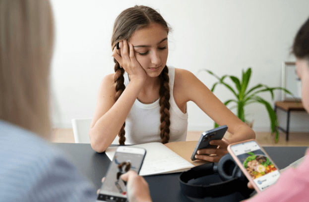 주변 친구들이 스마트폰을 보는 동안 외로워하는 소녀 → “SNS 속 타인과 자신을 비교하며 소외감을 느끼는 청소년의 모습”