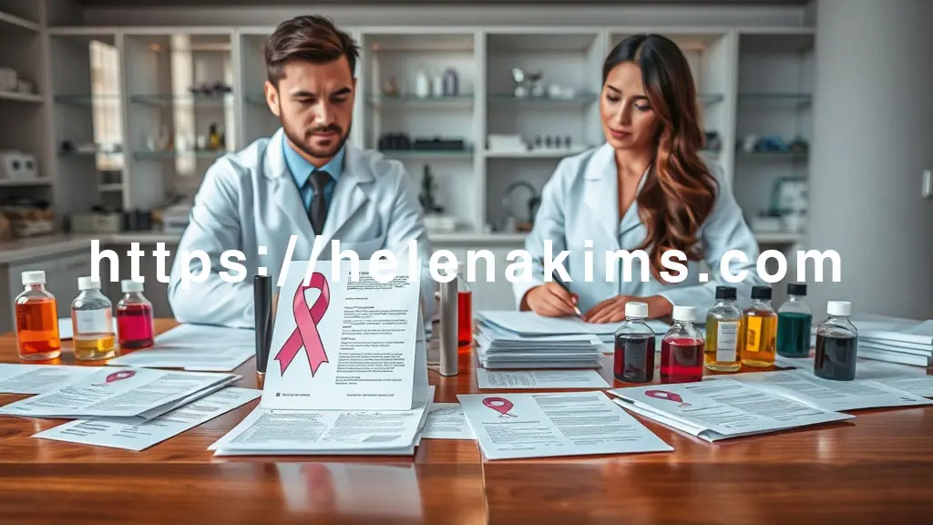 연구실 배경으로 연구 논문들이 놓여 있고, 그 주변으로 염색약 병들이 놓여있다. 논문의 한쪽 페이지에는 핑크 리본이 그려져 있다., 전체적으로 차분하고 진지한 분위기 속에서 남성과 여성이 연구를 하고 있는 모습.