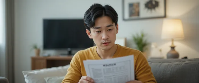 거실에서 건강검진 결과지를 살펴보며 고민하는 남성