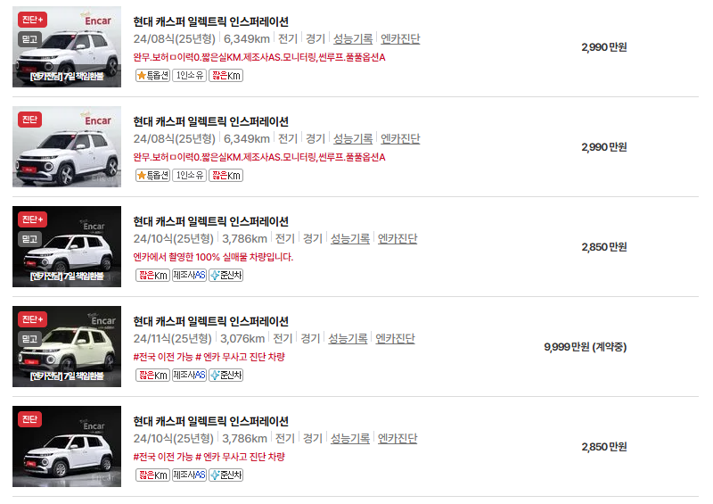 현대 캐스퍼 중고차 가격 시세표 유지비