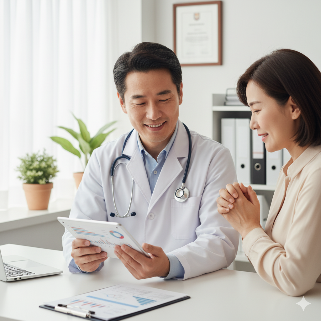 의사에게 건강검진 결과에 대해 설명을 듣고 안도하는 환자