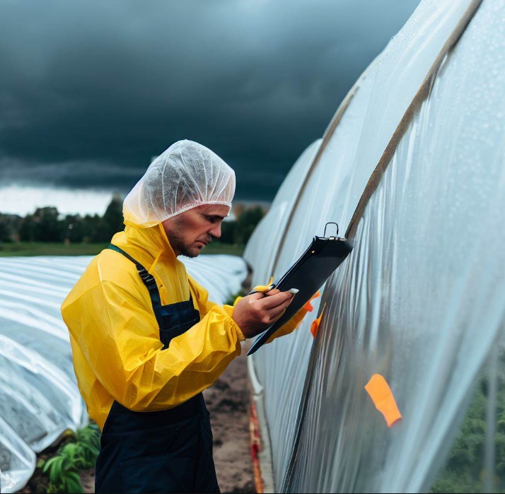 폭우에 대비하여 비닐하우스를 점검하는 모습(made by Bing)