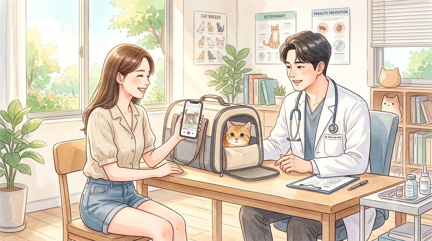 수의사에게 고양이의 이상 행동 동영상을 보여주며 상담하는 집사의 모습