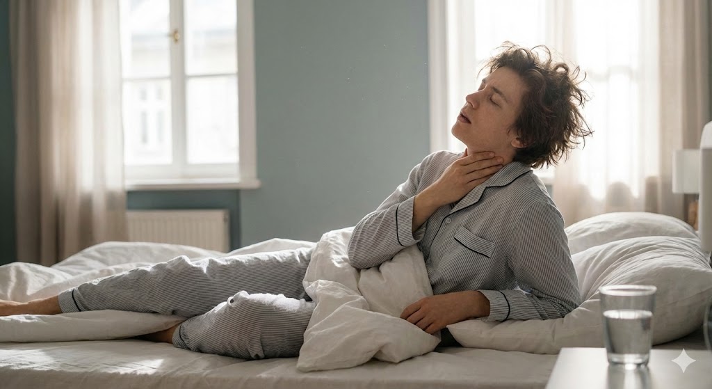 아침-햇살이-비치는-침대에서-막-일어나-잠긴-목소리-때문에-목을-만지며-따뜻한-물을-마시는-사람의-모습