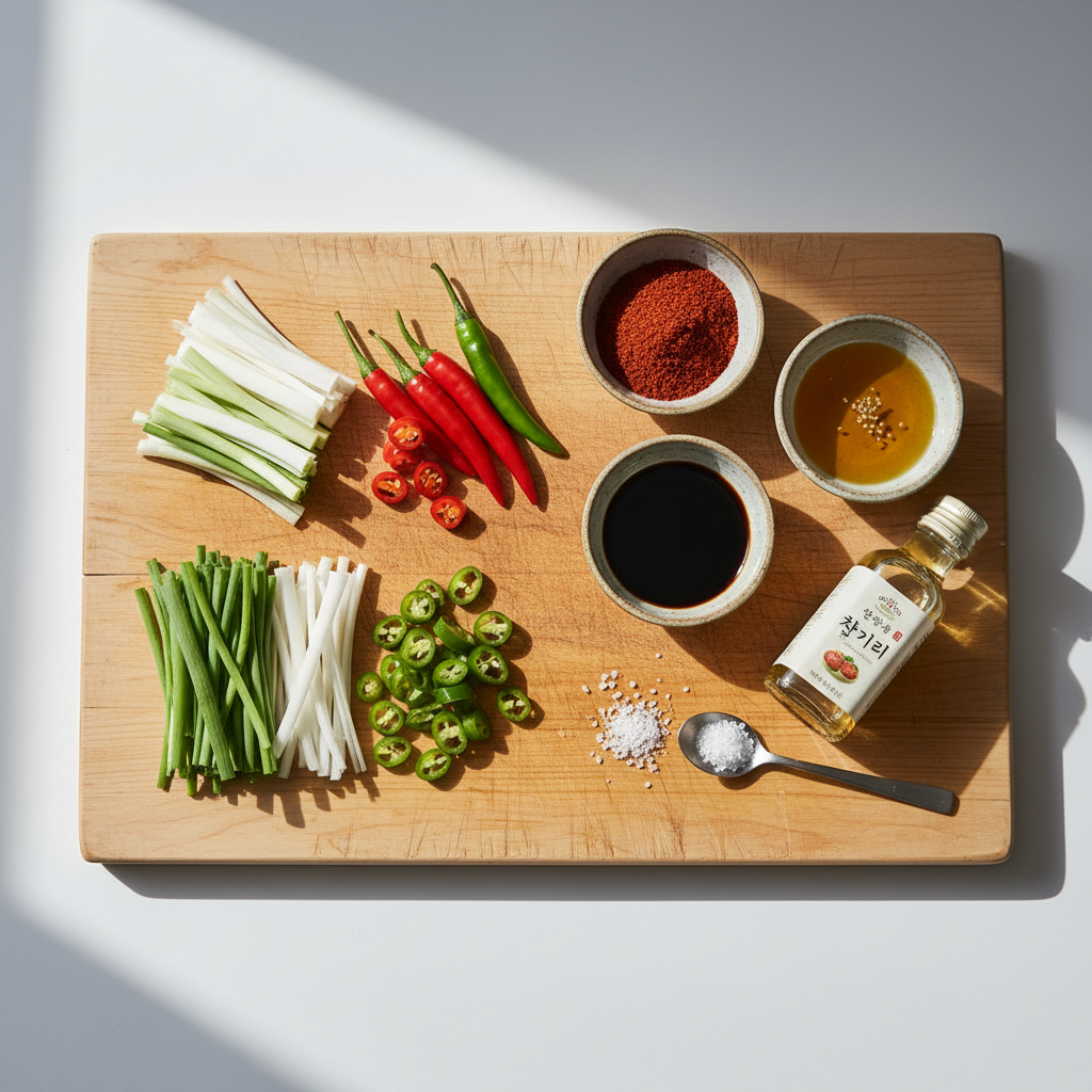 신선하게 손질된 쪽파와 고추, 김무침 재료