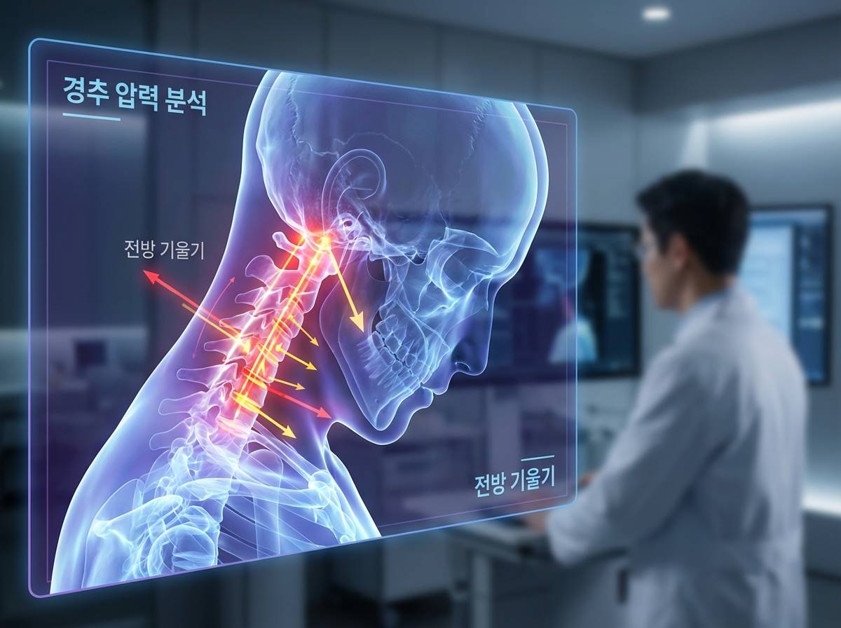 인체의 경추 구조를 보여주는 3D 엑스레이 그래픽, 머리가 앞으로 쏠릴 때 목뼈가 받는 압력을 붉은색 에너지 라인으로 시각화