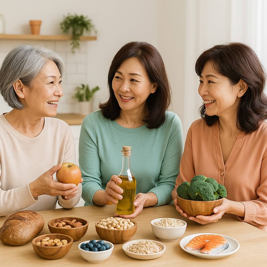 아름다운 50대 이상 한국 여성 세 명이 환한 주방 테이블에서 사과, 올리브유, 브로콜리, 연어, 견과류, 귀리 등 콜레스테롤 관리에 좋은 식재료를 앞에 두고 건강한 식단에 대해 이야기하고 있는 장면