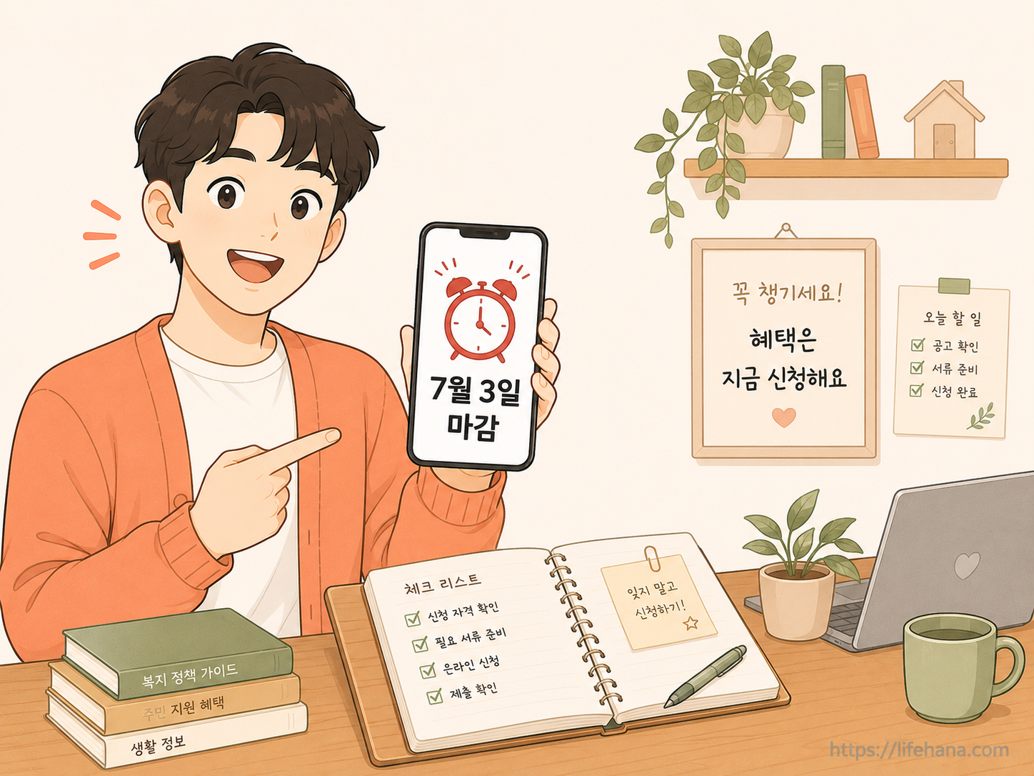 탁상 캘린더의 7월 3일 날짜 마커에 '고유가 지원금 18시 마감'이라는 붉은색 알림 락이 선명하게 표시되어 있는 실전 타임라인 일러스트