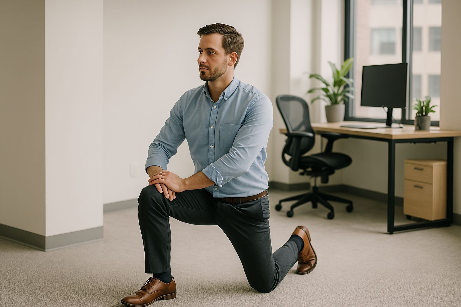 직장인이 사무실 한쪽에서 간단한 스트레칭을 하는 모습