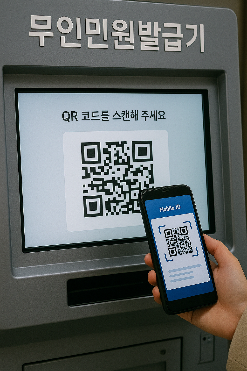 무인민원발급기 화면의 QR 코드를 스마트폰 모바일 신분증으로 스캔해 본인확인을 진행하는 모습