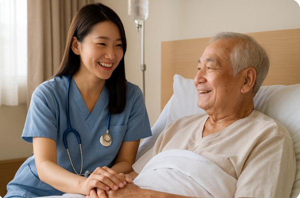 병실에서 간호사와 환자의 따뜻한 대화