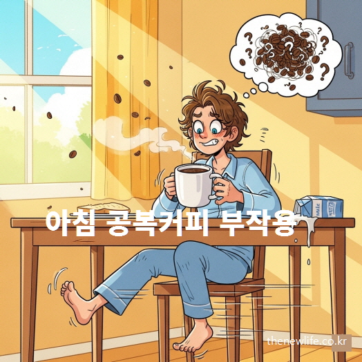 아침 공복에 마시는 커피 부작용을 표현한 일러스트 이미지, 속쓰림과 위장에 부담을 주는 상황을 상징적으로 묘사