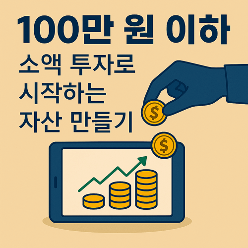 100만 원 이하 소액 투자로 자산을 시작하는 방법을 설명하는 썸네일 이미지로, 동전을 쥔 손과 상승하는 그래프가 표시된 태블릿 화면, 금화 아이콘이 포함된 투자 입문 일러스트