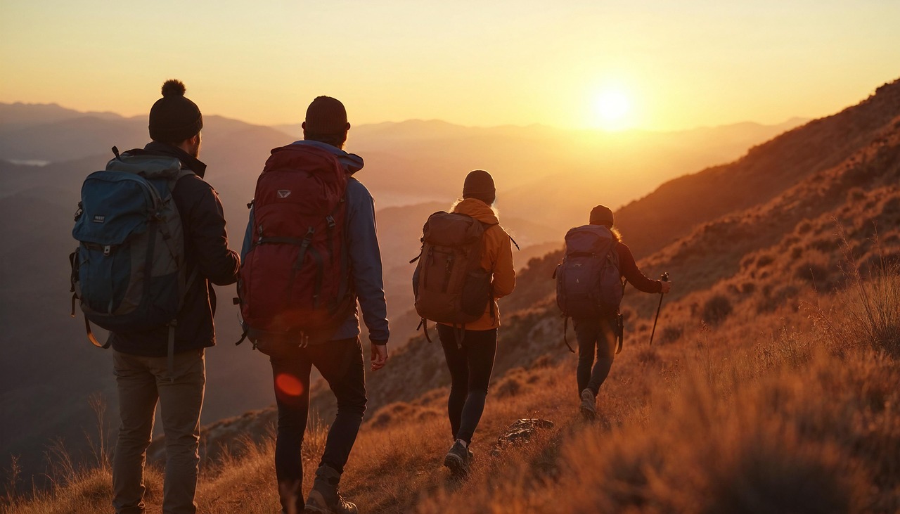 함께 자유로이 하산하고있는 네명의 산악인 사진