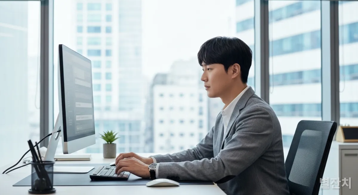강남의 현대적인 사무실에서 AI 도구를 활용하여 업무에 집중하는 한국인 남성